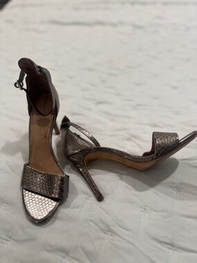 Joie Metallic Pewter Snakeskin-Texture Ankle Strap Heels
